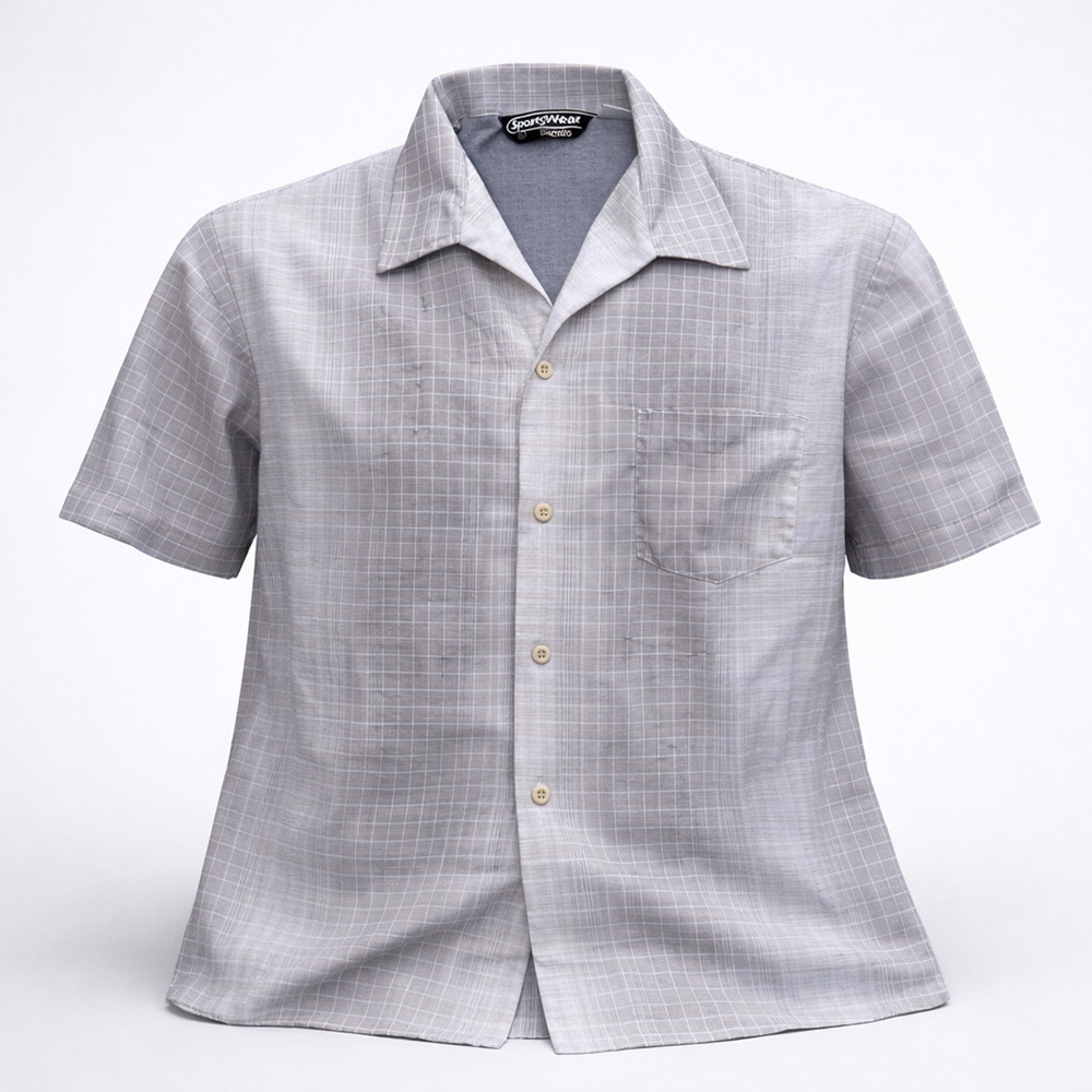 Vintage Sears Sportswear Button Up Mens Gray Plaid Short Sleeve Camp Collar